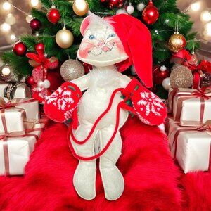 Vintage Annalee Christmas Cat Doll Plush Blue Eyes Red Hat & Mittens 12"